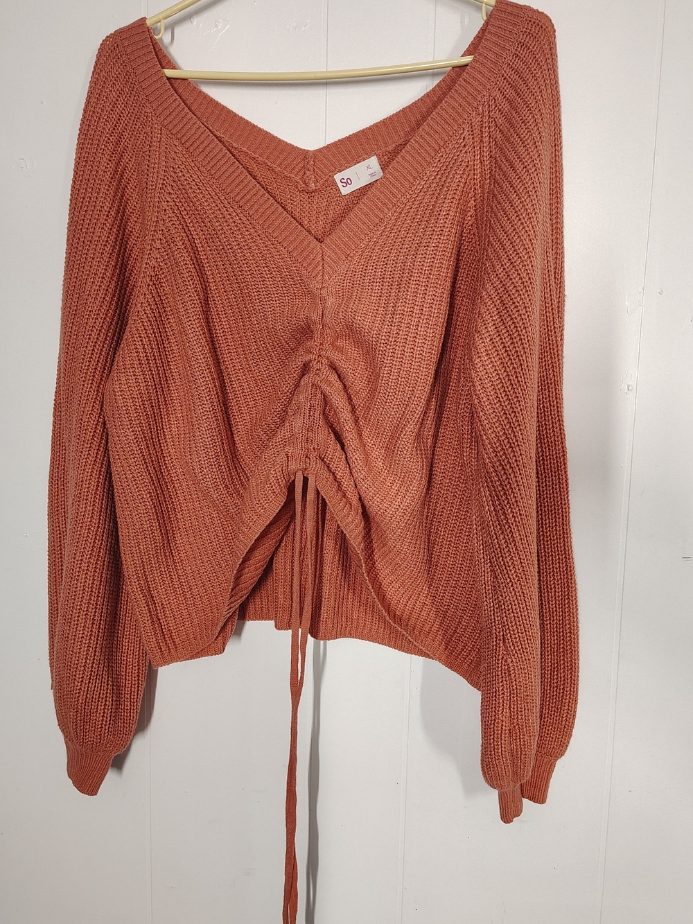 SO Rust Drawstring V-Neck Cropped Sweater